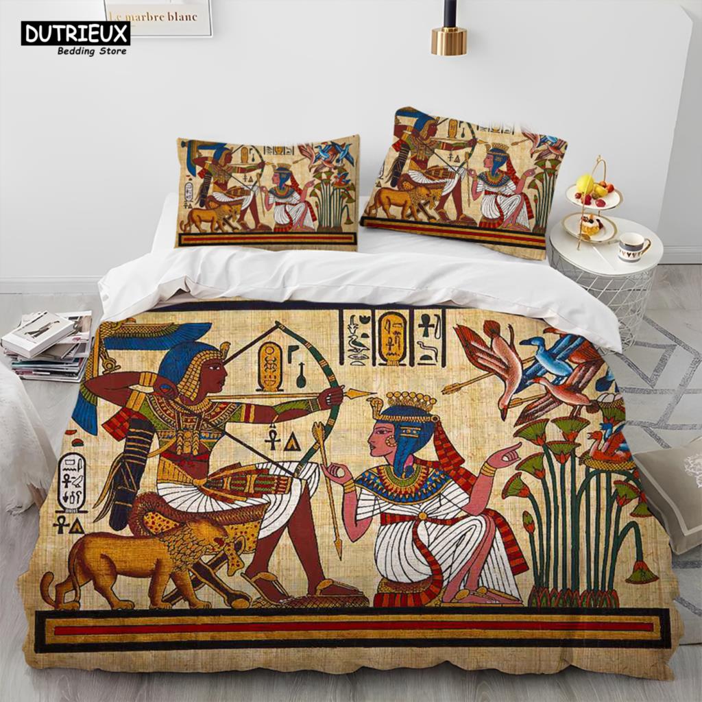 Egyptian Mythology Pharaoh Hieroglyphics Comforter Bedding Set,Duvet Cover Bed Set Quilt Cover Pillowcase,Queen Size Bedding Set