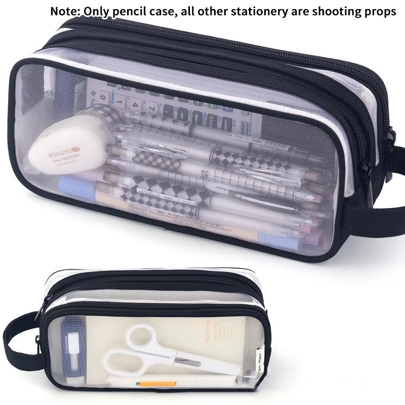 Transparent Large Mesh Pencil Case Double Layer Pencil Bag Handheld Portable Multifunctional Cosmetic Bag Stationery Storage