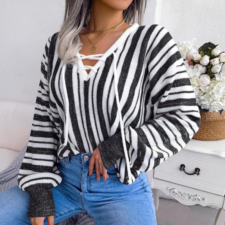Chic Women's Loose Knitted Sweater with Balloon Sleeve and Contrast Stripe Tie, All Match Tops for Fall Winter