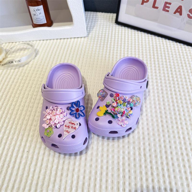 Children's Beaded Floral Sandals - Colorful Thick-Soled Closed-Toe, Summer Outdoor Slippers
