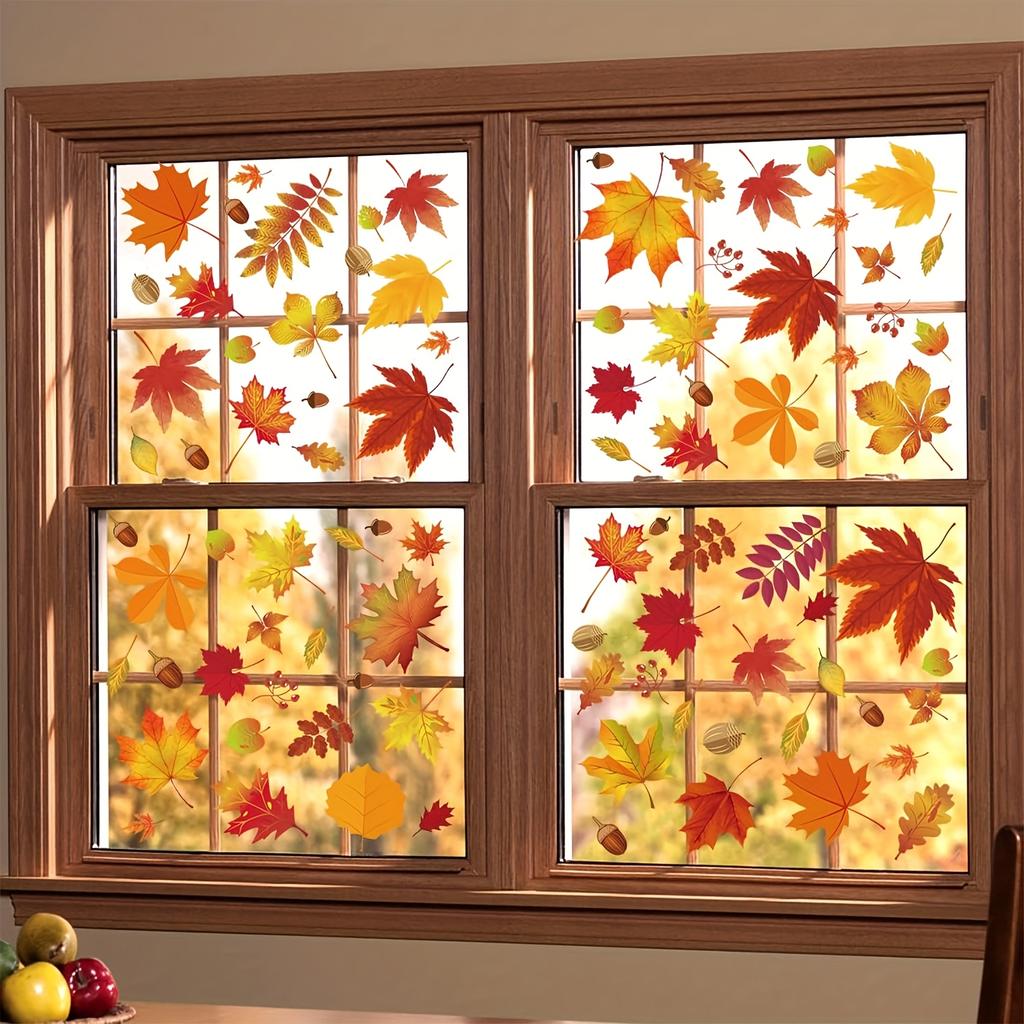 6 sheets  Autumn Leaf Window Stickers - Vibrant Fall-Themed Decals for Seasonal Home Decor, Classic PVC Static Cling Panels
