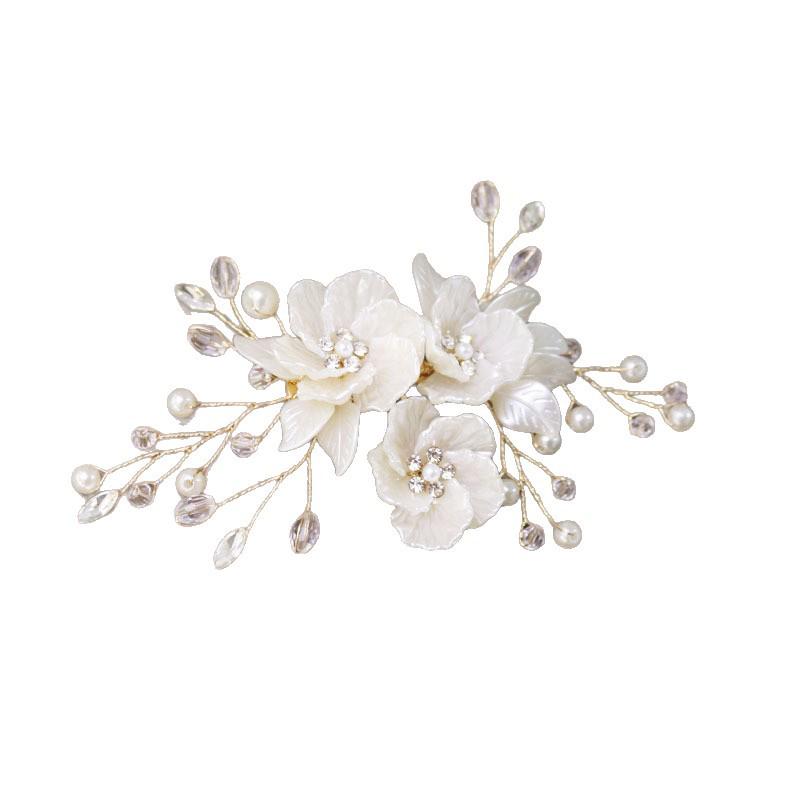 Korean Style Bridal Headdress: White Seashell Petals & Pearl Crystal Hairpin
