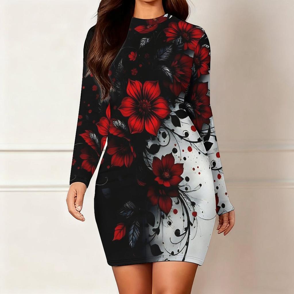 2025 Outono e Inverno Novo Estampa Floral 3D e Tingimento Moda Feminina Manga Longa Gola Redonda Vestido Envolvente de Quadril Dia dos Namorados Limitado