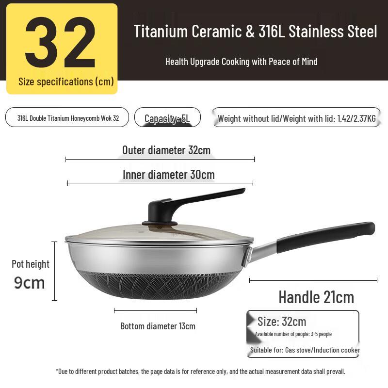 Chuidahuang 32cm 316L Stainless Steel Non-stick Wok