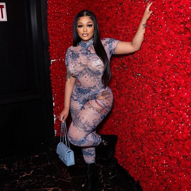 2024 Summer European & American-Style Women's Sexy Backless Mesh Jumpsuit with Fashion Print