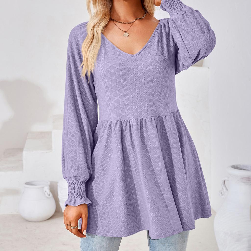 JKASHDK Damemote Uformelt vår Høst Ensfarget trykk Langermet bluser og skjorter med V-hals