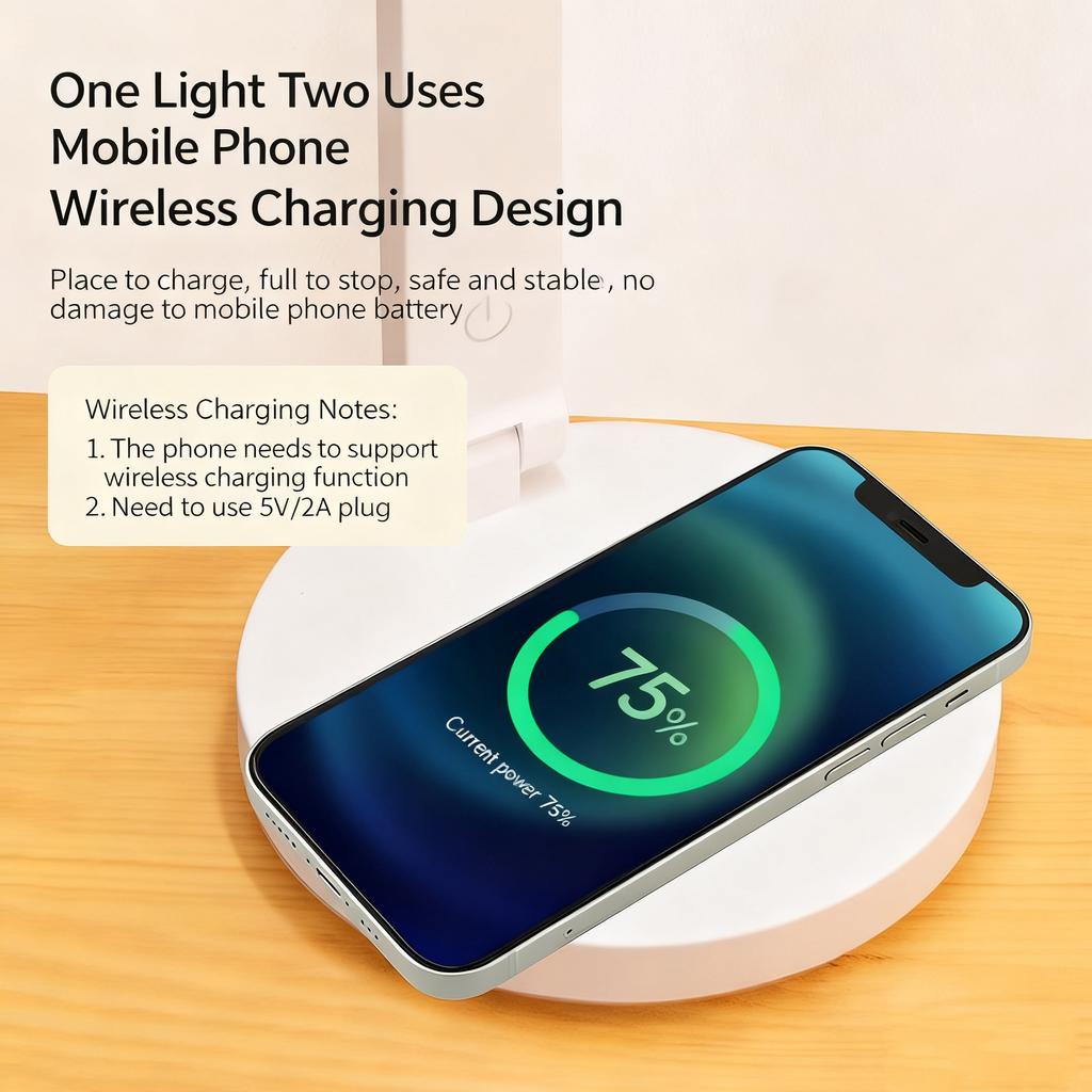 Desk Lamp with Wireless Charger with Three Brightness Adjustment Levels  Adjustable Arm Suitable for Indoor Use with Power Cord