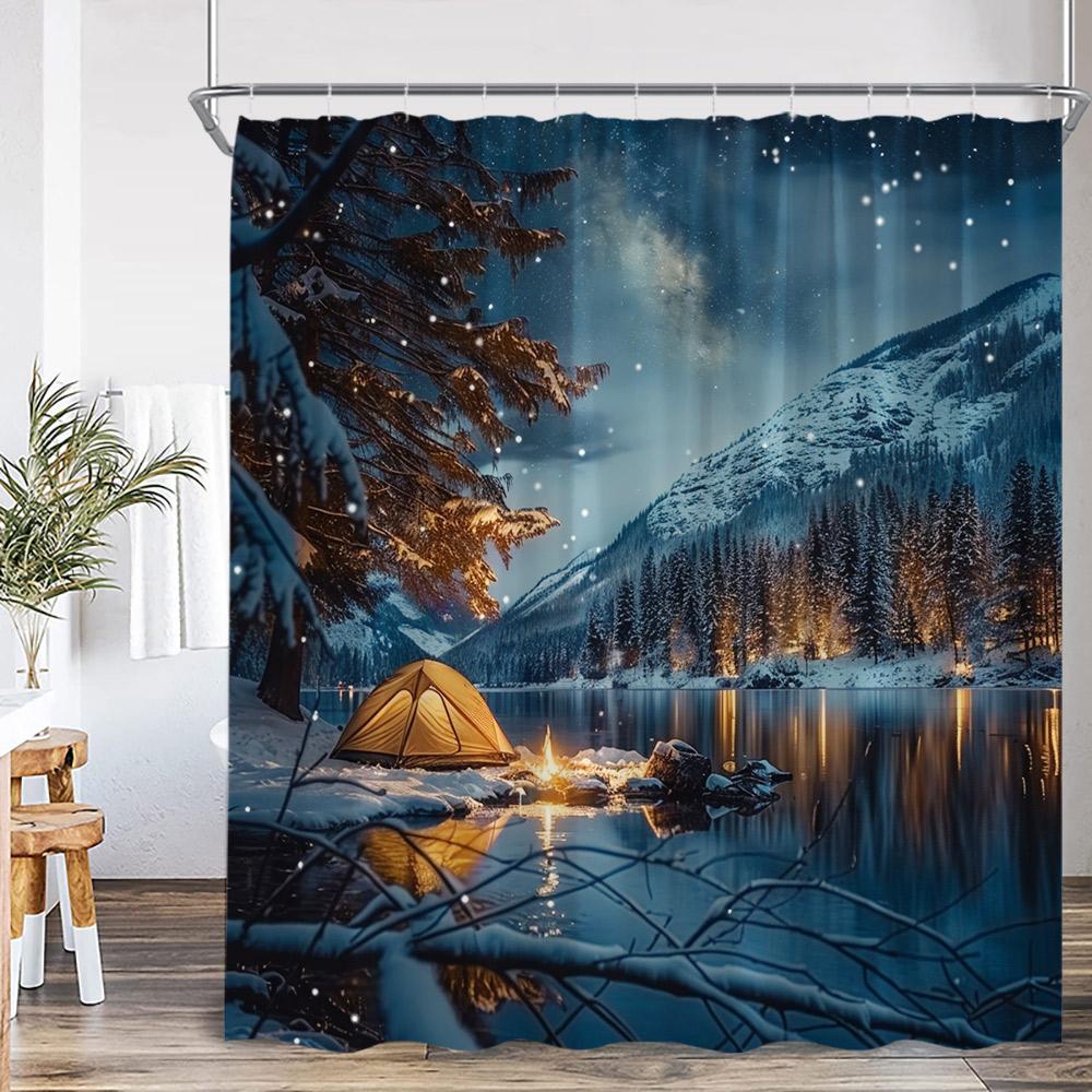 Camper Shower Curtain Happy Camping Adventure Campsite Forest Vintage Bathroom Decor Polyester Retro Bathtub Curtain With Hook