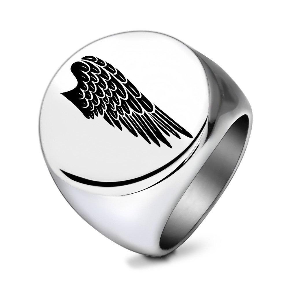 22MM Stainless Steel Laser Engraved Angel Wings Retro Ring Size 14