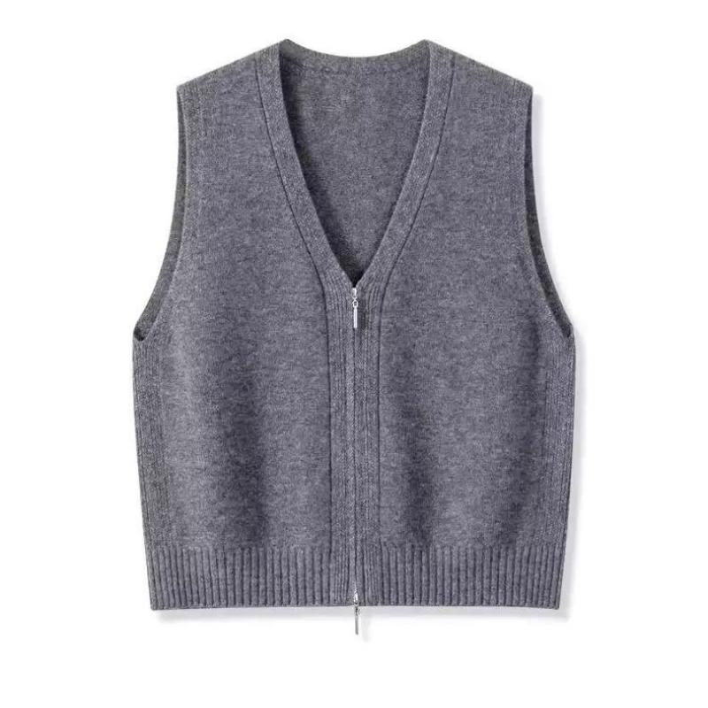 Women Knitwear Autumn Women Double Zipper V-neck Chic Simple Sleeveless Sweater Vest Out Wear Warm Gray Knitted Coat Cardigan
