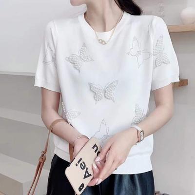 Women's Summer Round Neck Short Sleeve Beaded Butterfly Pattern Short Sleeve Breathable Office Large Size Short Sleeve