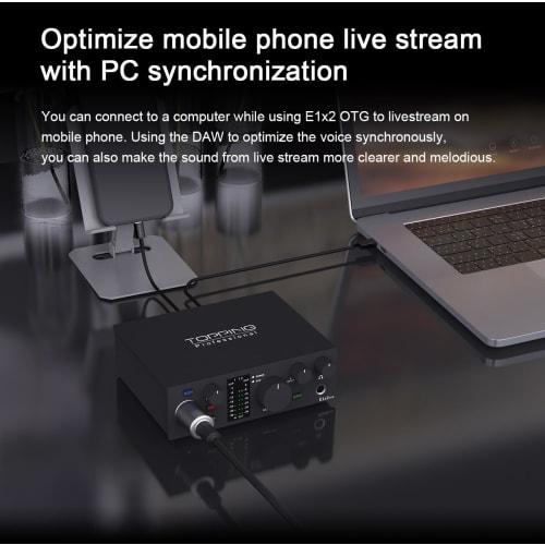 TOPPING Professional E1X2 OTG 1-in/2-out Audio Interface, Audio Mixer for Streaming, DTM, Mixing, Music Production, Singing, and More. USB Type-C Moni