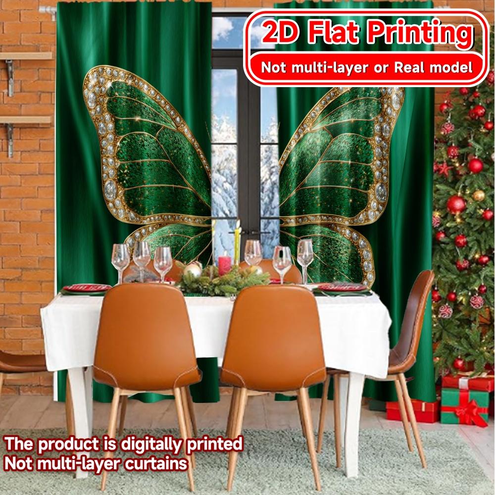 2D Flat Printing,2pcs Emerald Butterfly Popular Curtains Polyester Curtains Festive Decorative for Semi-transparent Curtains,