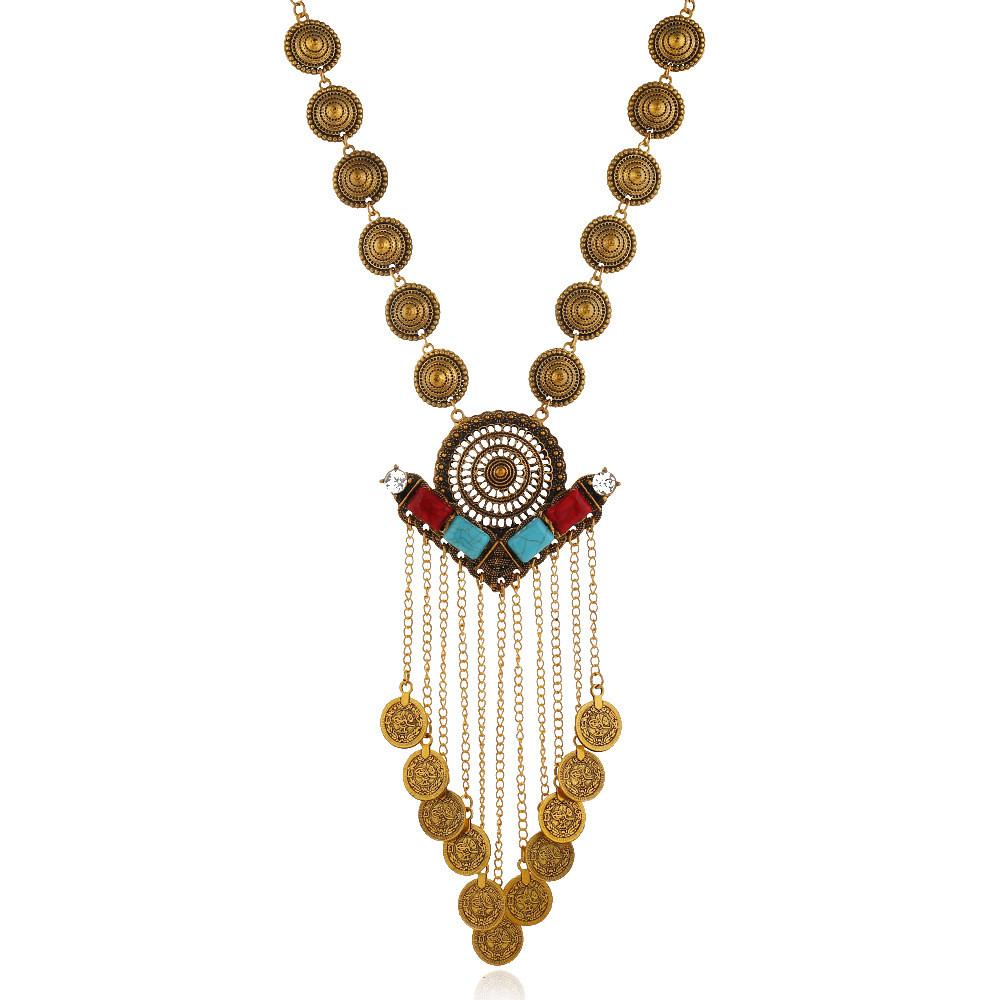 Multilayer Women Retro Coin Long Pendant Necklace With Alloy Chain Waterfall