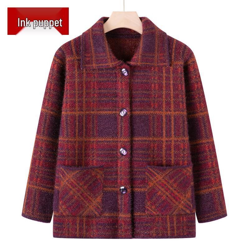 Gruby kardigan dziergany w kratę dla starszych kobiet