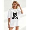 Oversized T Shirt Black Cat Print For Casual Wear