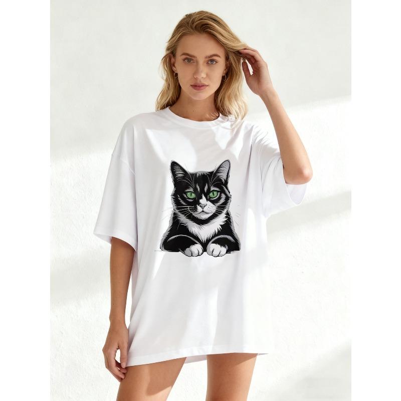 Oversized T Shirt Black Cat Print For Casual Wear