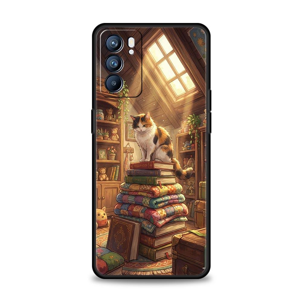 Handyhülle für Oppo A17 A31 A54 A57 A78 A79 Find X5 X6 Reno 7 8 10 11 12 13 F Pro Weiches TPU Niedliches Schmetterling Katze Bücherregal Design