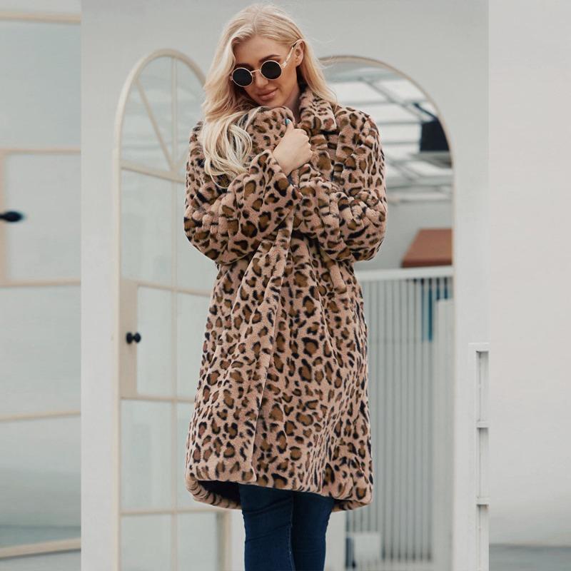 0 Long Leopard Print Suit Collar Imitation Fur Jacket Women's Casual Coat Autumn and Winter New