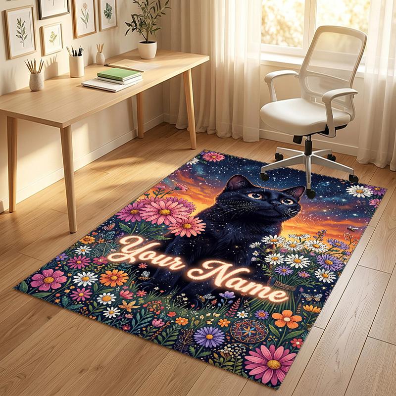 Starry Night Cat Theme Soft Crystal Velvet Rug Custom Name & Text Print Non Slip Floor Rug for Bedroom Living Room