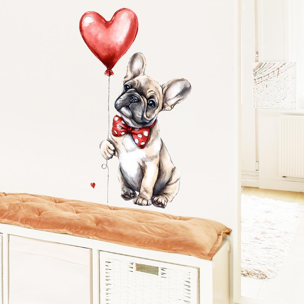 Aquarell Valentinstag Hund mit Ballons Wandaufkleber Selbstklebend Abnehmbar für Schlafzimmer Wohnzimmer Eingangsbereich Heimdekoration