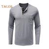Men Spring Top with Chest Pocket Buttoned O Neck Slim Fit Long Sleeve Bottoming Clothes Solid Color Stretchy Pullover T-shirt