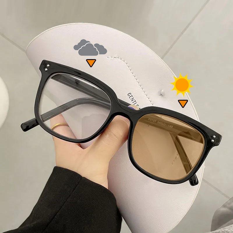 New Trendy Photochromic Myopia Spectacles Female Male Anti- Blue-Ray Near Sight Color Changing Eyeglasses with Diopter 0 To -6.0