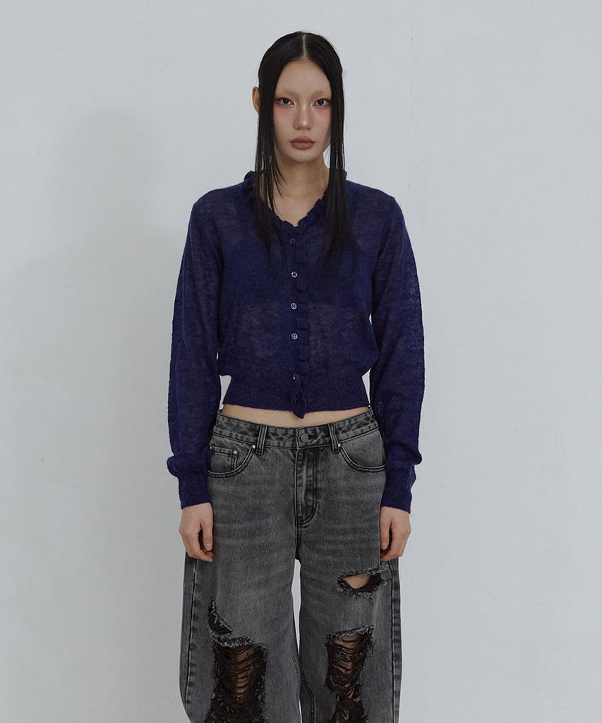 Uusoo Kid Mohair Lace V-Neck Cardigan_ Navy