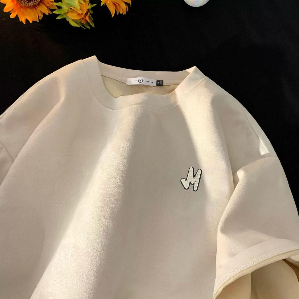 Men's Summer Versatile Trendy Suede Short-sleeved T-shirt American Retro High Street Heavyweight T-shirt Half-sleeved Top