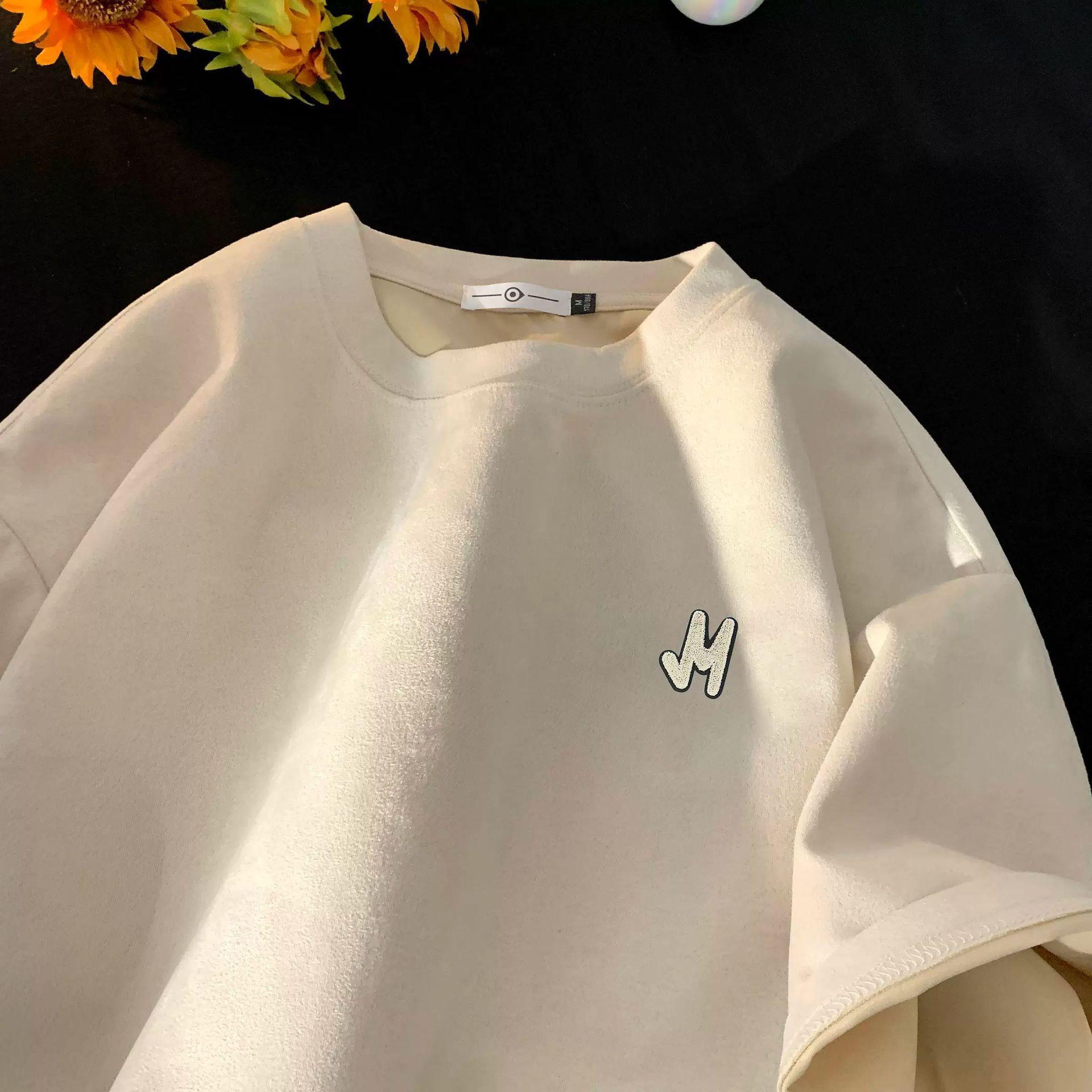 

Мужская летняя универсальная трендовая замшевая футболка с коротким рукавом, американская ретро, хай-стрит, тяжелая футболка, топ с рукавом до локтя 5XL