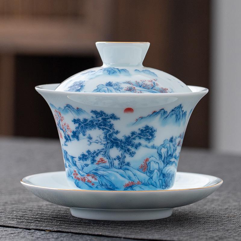 150ml Mutton Fat Jade Famille Rose Landscape Gaiwan Elegant Tea Tureen Tea Bowl With Lid Kit Tea Brewing Cover Bowl Cha Craft