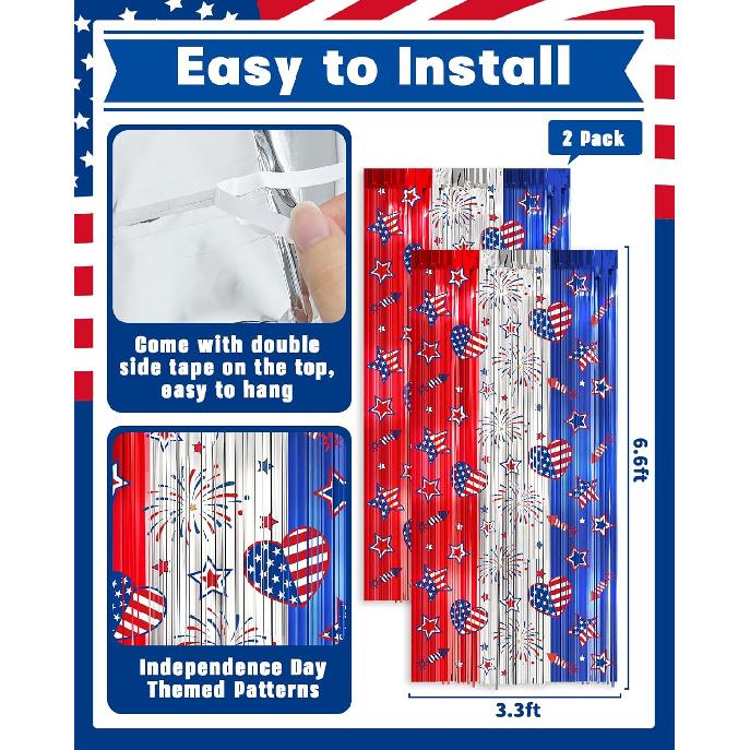 4th of July Decorations Foil Fringe Curta for Memorial Day, 2 Pack Fourth of July Decor Party Backdrop Red White and Blue Tel Streamer, Patriotic