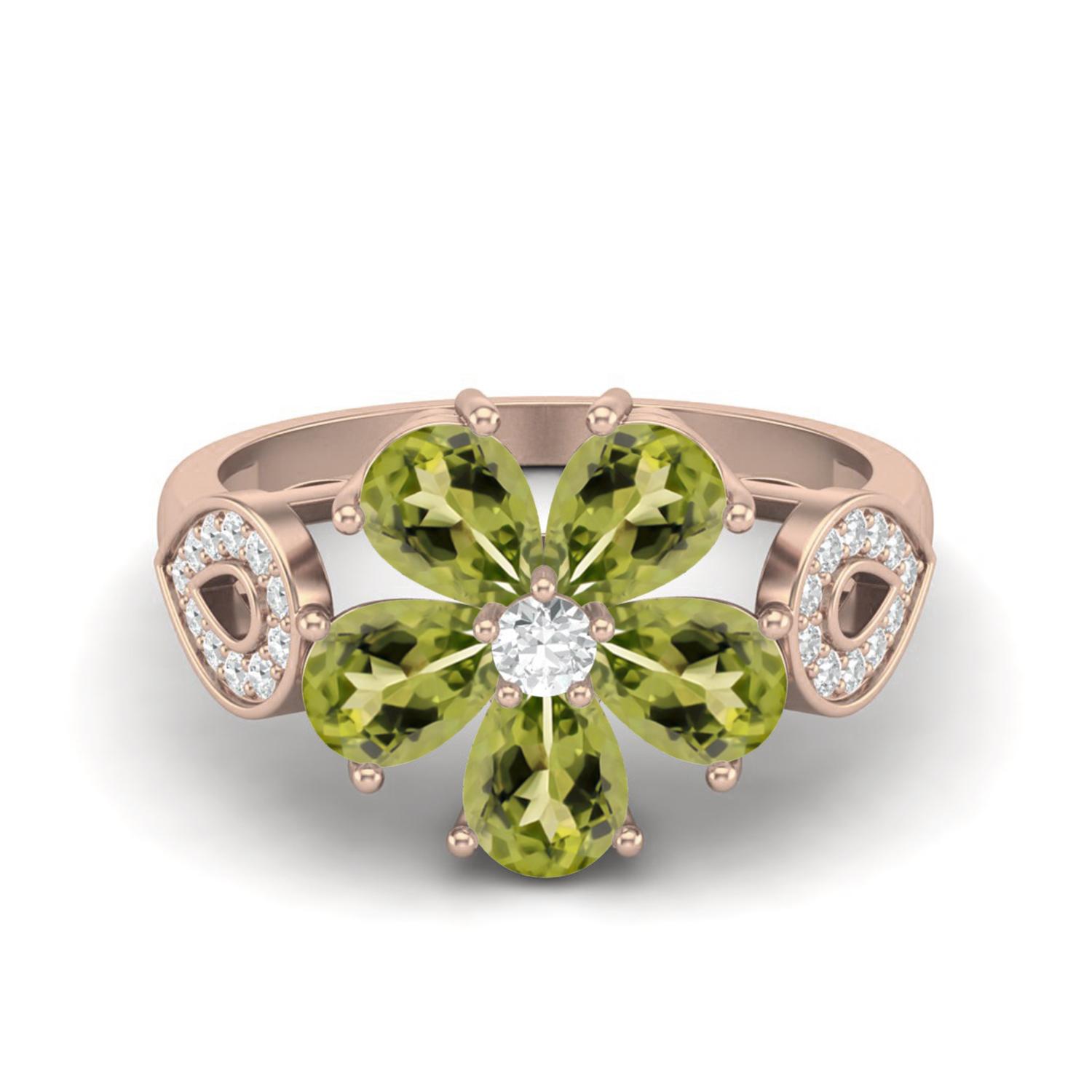 6X4mm Pear Shape Peridot 925 Sterling Silver Rose Vermeil Floral Art Deco Women Engagement Ring 7