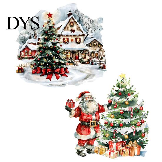 Waterproof Festive Decals Christmas Wall Decals, Watercolor Santa Claus Xmas Tree Village House Sticker, Peel Holiday Decor And Stick Removable
