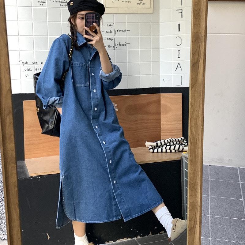 

Korean Chic Simple Lapel Single-Breasted Denim Shirt Dress for Women - Spring/Autumn Casual Long Style One Size