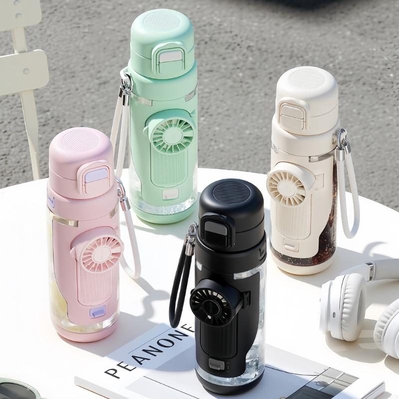 Double Spouts Sports Bottle Integrated With Handheld Fan Hydrations Vessel Perfect For Running Cycling B03E