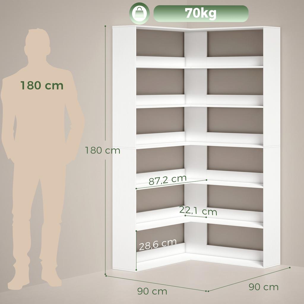 7 Tiers Bookshelf, L-Shaped Corner Bookcase with Anti-Slip Rear Guard, White Wood Effect