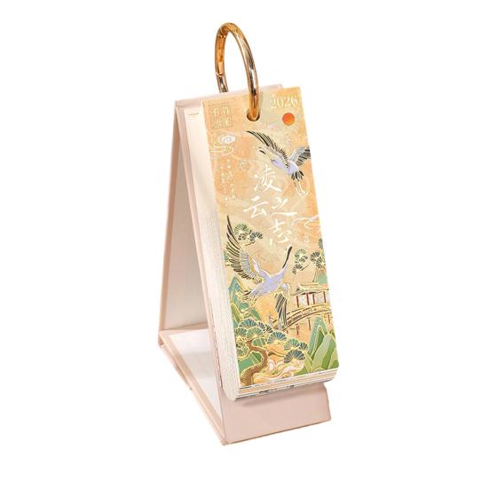 2026 Desk Flip Calendar Vintage Gold Stamping Painting Desktop Organizer Aesthetic Standing Calendar for Home Office