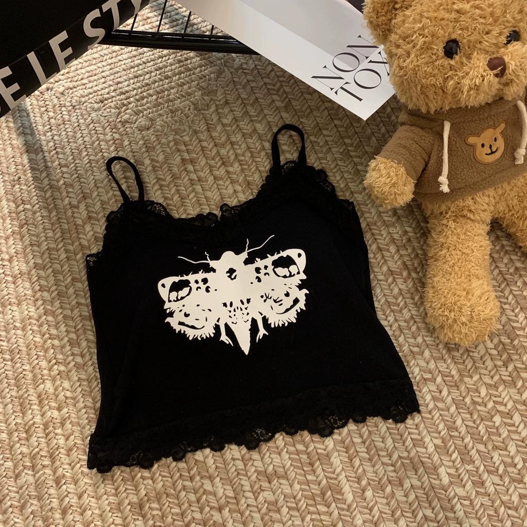 Summer Women Lace With Chest Pads Sling Tops Female Straps Tank Tops Harajuku Streetwear Camisole Sexy Butterfly Printed Crop Tops