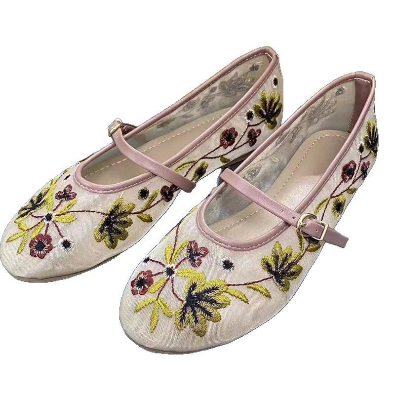 Fashion 2025 New Retro Flower Embroidery Mesh Ballet Flats for Women Plus Size Summer Fashionable Breathable Round Toe Mary Jane Shoes