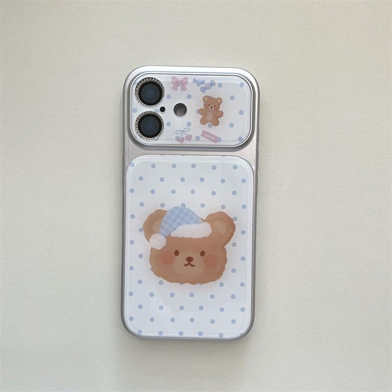 Kawaii Sleepy Bear Blue Polka Dot Clear Phone Case For iPhone 15 16 17 Pro Max INS Cute Large Window Shockproof Cover