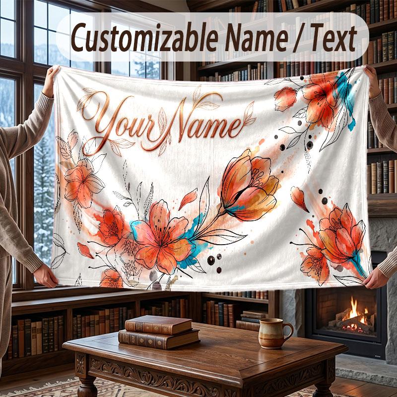 Floral Garden Theme Throw Blanket Custom Name Text Personalized Blanket Soft Cozy Blanket for Home Sofa Bed