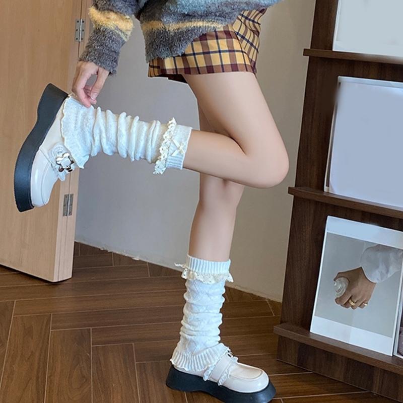 Women Fairycore Knitted Leg Warmers Calf Socks Japanese Sweet Bowknot Ruffled Lace Trim Leg Covers Boot Cuffs Stockings