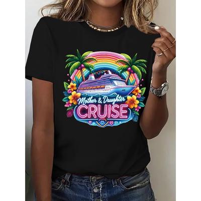 Women's Vibrant Tropical Cruise Mother & Daughter Graphic Print Tee Crew Neck Short Sleeve Relaxed Fit Summer Spring Casual Beach Vacation Top