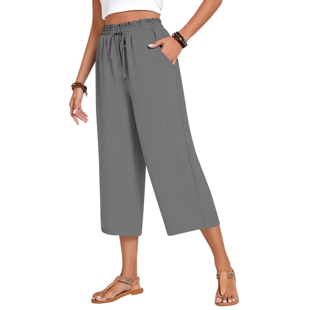 Damen Square Pocket Elastischer Bund Cropped Hose Lässige Baumwoll- und Leinenhose