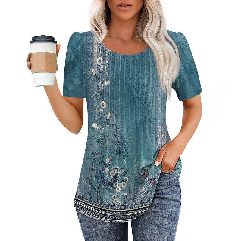 Neues plissee-Rundhals-Kurzarm-T-Shirt Damen-Oberteil Damenbekleidung