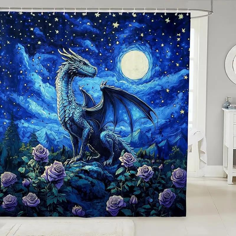 Elegant Oriental Dragon & Floral Bath Curtain - High-Quality Waterproof, Mildew-Proof Bathroom Decor, Traditional Artistry Touch