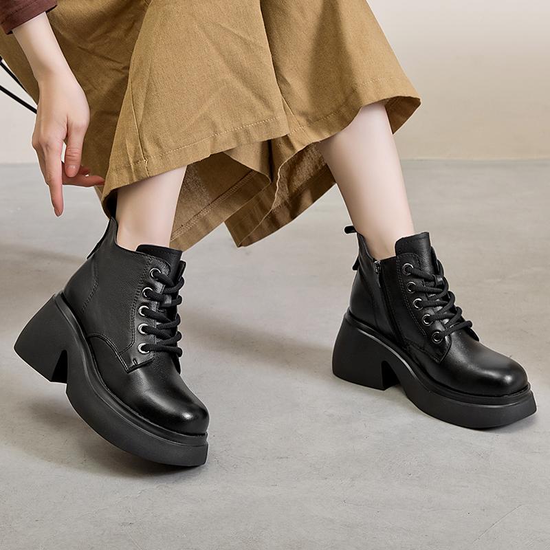 Fashion GKTINOO Women Thick High Heel Boots Autumn Round Toe Chunky Platform 100% Genuine Leather Ankle Boots Ladies Zipper Short Boots