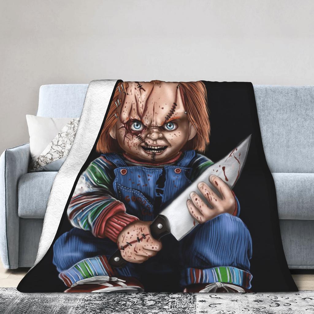 Chucky Horror Movie Knitted Blanket Childs Play Halloween Fuzzy Throw Blanket Home Couch Personalised Soft Warm Bedspread