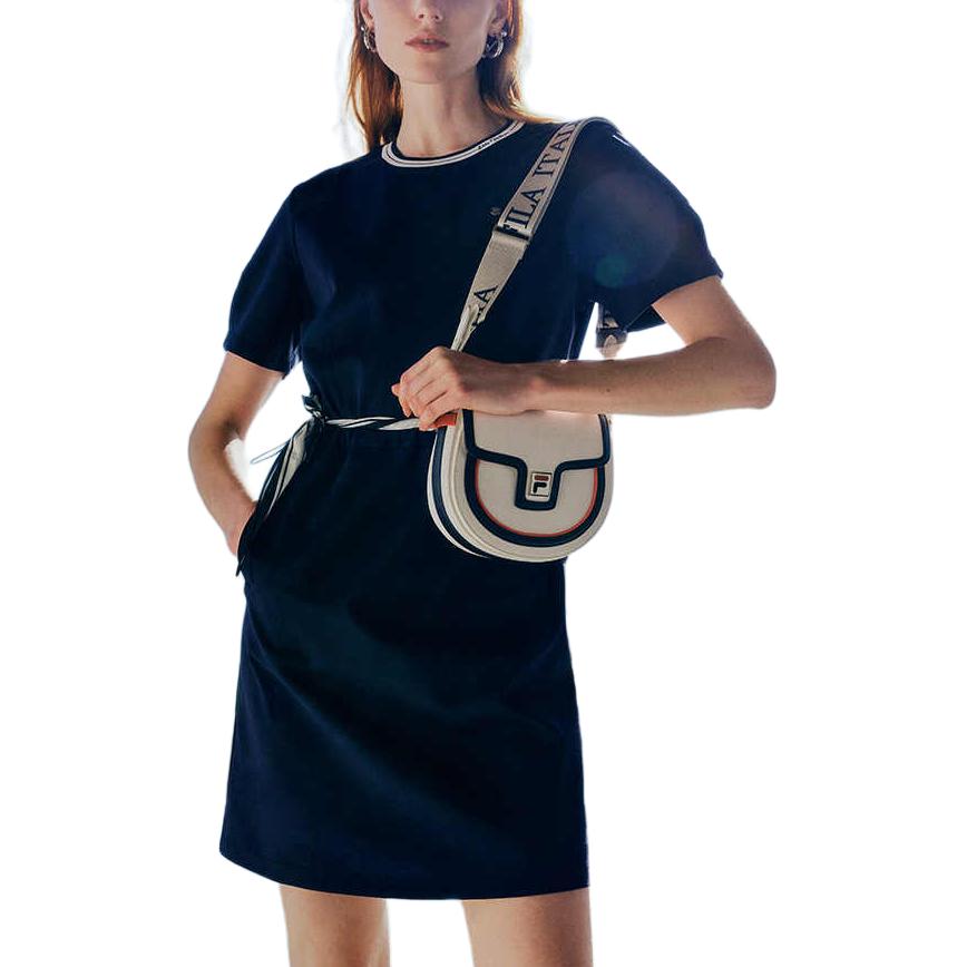 Fila Logo Color Block Neckline Casual Loose Soft Comfortable Breathable Knit Pullover Round Neck Short Sleeve Dress Women Dresses F11W424304F-DB